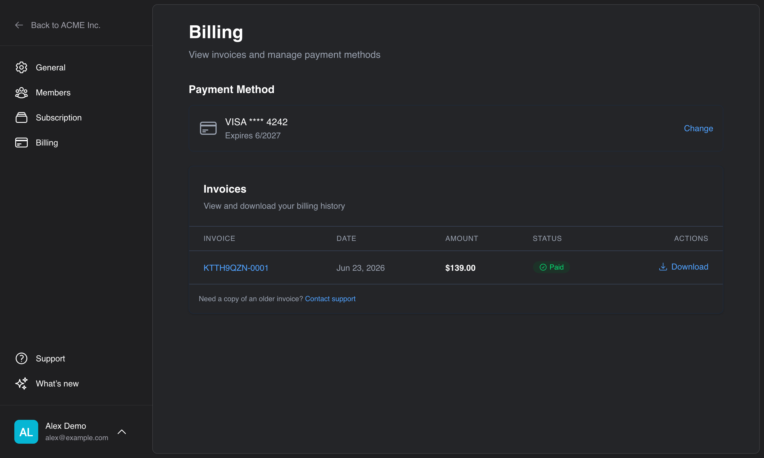 The Billing page showing the payment method and the invoice list.