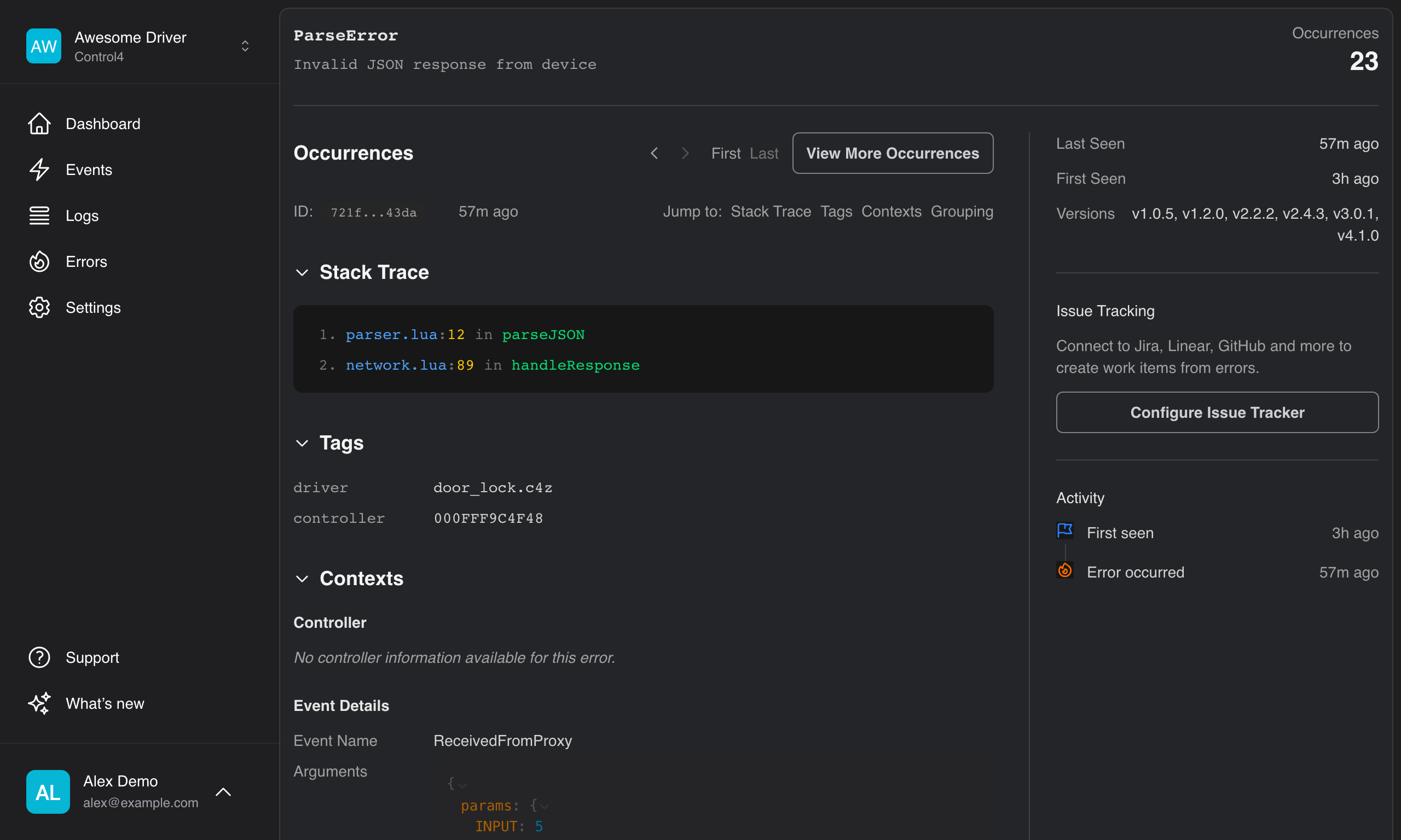 Error detail page showing stack trace, occurrences, and metadata
