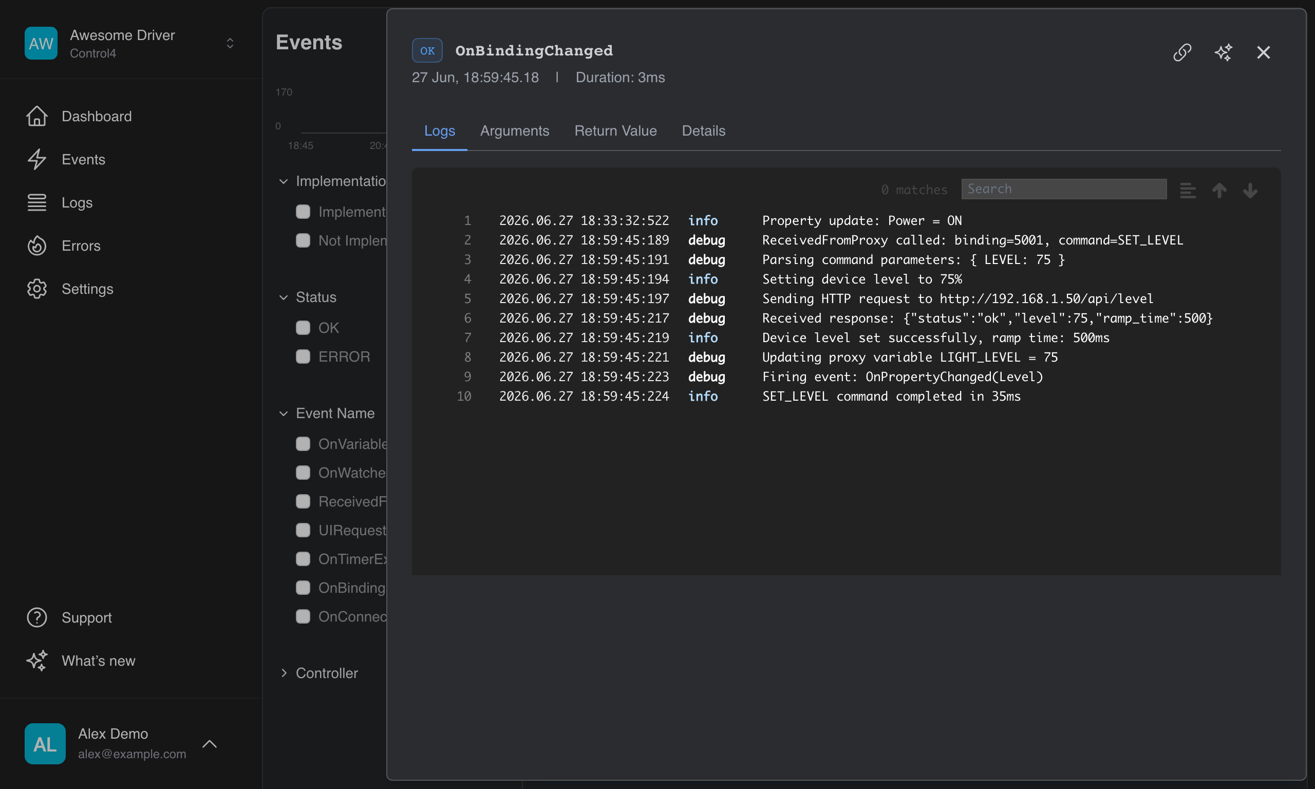Event detail drawer showing arguments, logs, and timing