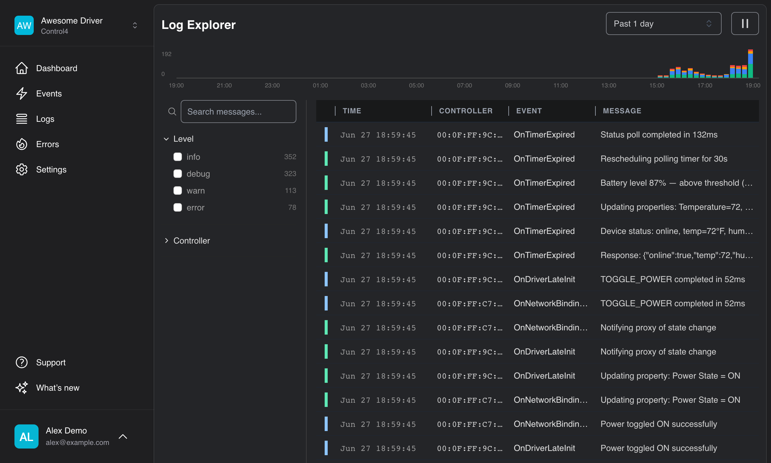 Logs page showing real-time log stream with level filtering