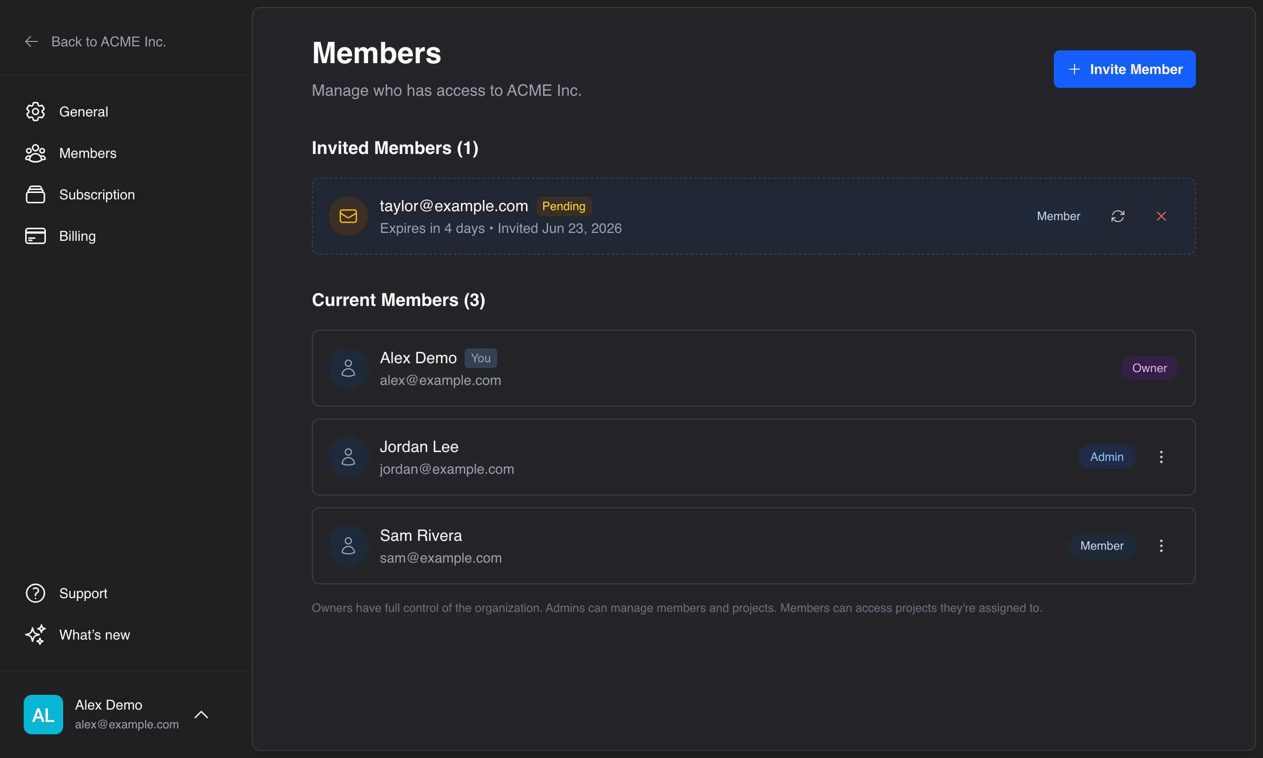The Members settings page, showing Current Members and the Invite Member form.