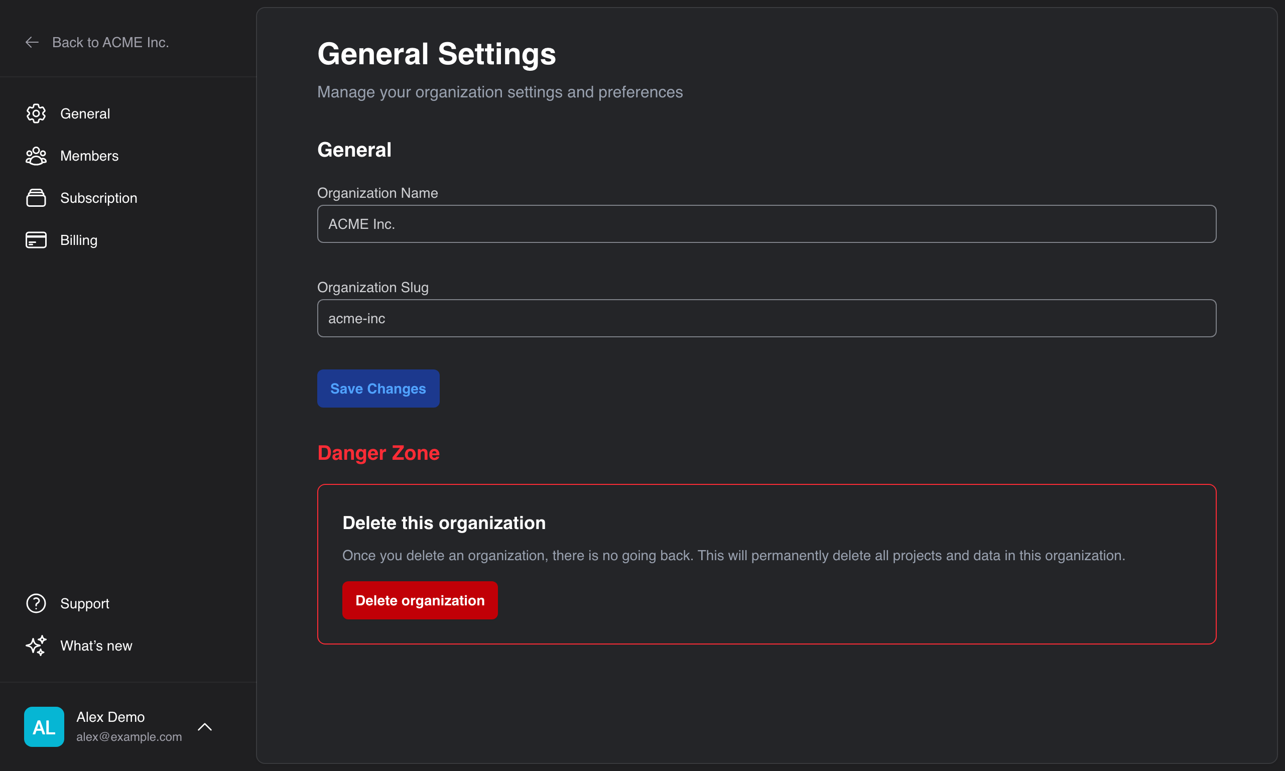 The organization settings General page, showing the name and slug fields.