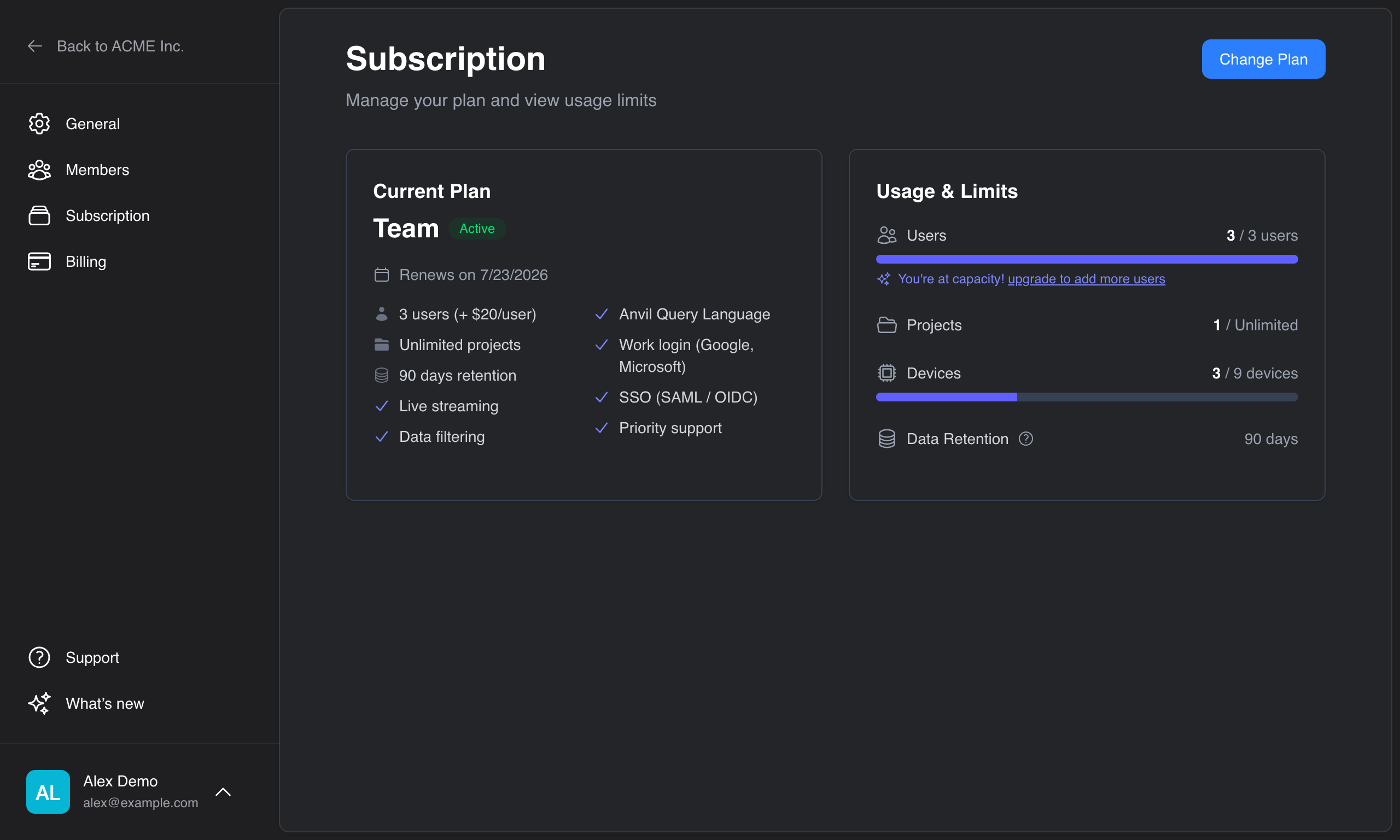 The Subscription page showing the current plan card and the Usage & Limits meters.